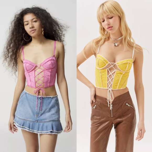Urban Outfitters OutFrom Under Amour Lace Lace up corset yellow and pink - Picture 1 of 4